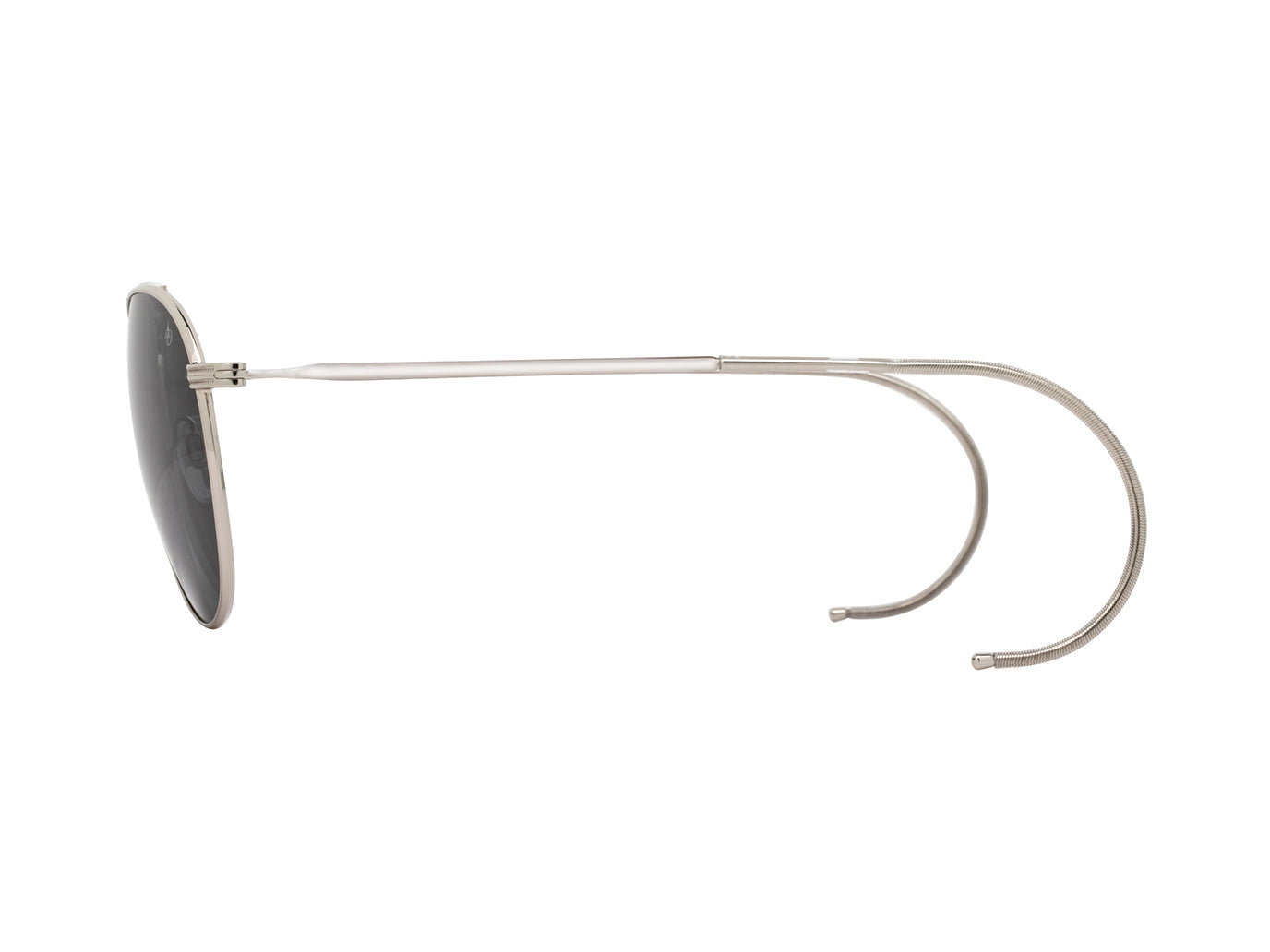 Side view of pewter American Optical Hazemaster aviator sunglasses with polarised grey nylon lens