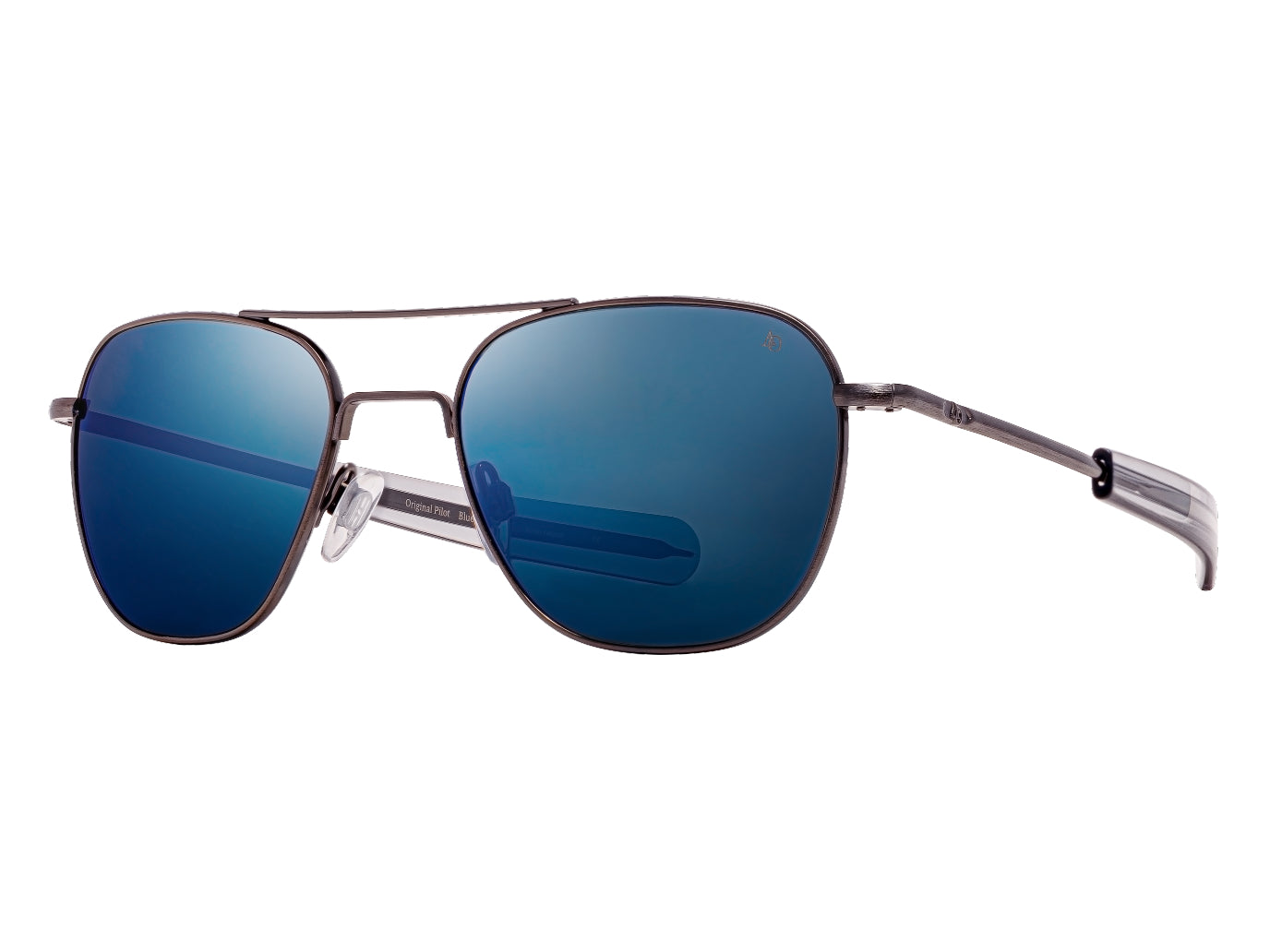 Front angle view of antique silver American Optical Original Pilot navigator sunglasses with non-polarised dark brown mirror glass lens