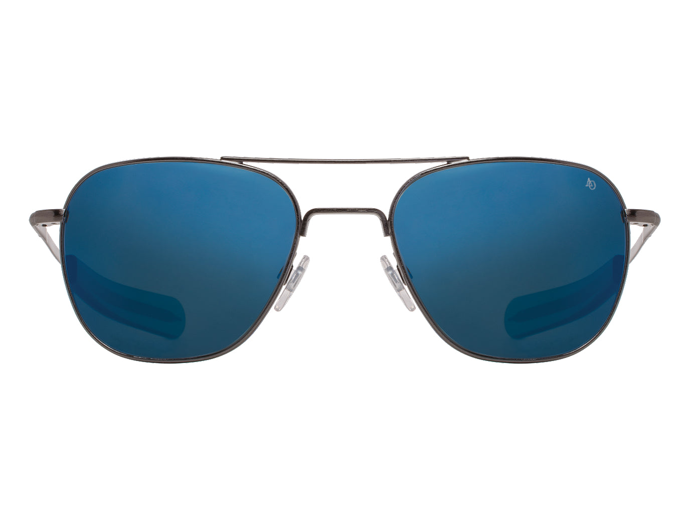 Front view of antique silver American Optical Original Pilot navigator sunglasses with non-polarised dark brown mirror glass lens