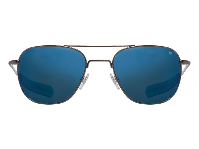 Front view of antique silver American Optical Original Pilot navigator sunglasses with non-polarised dark brown mirror glass lens