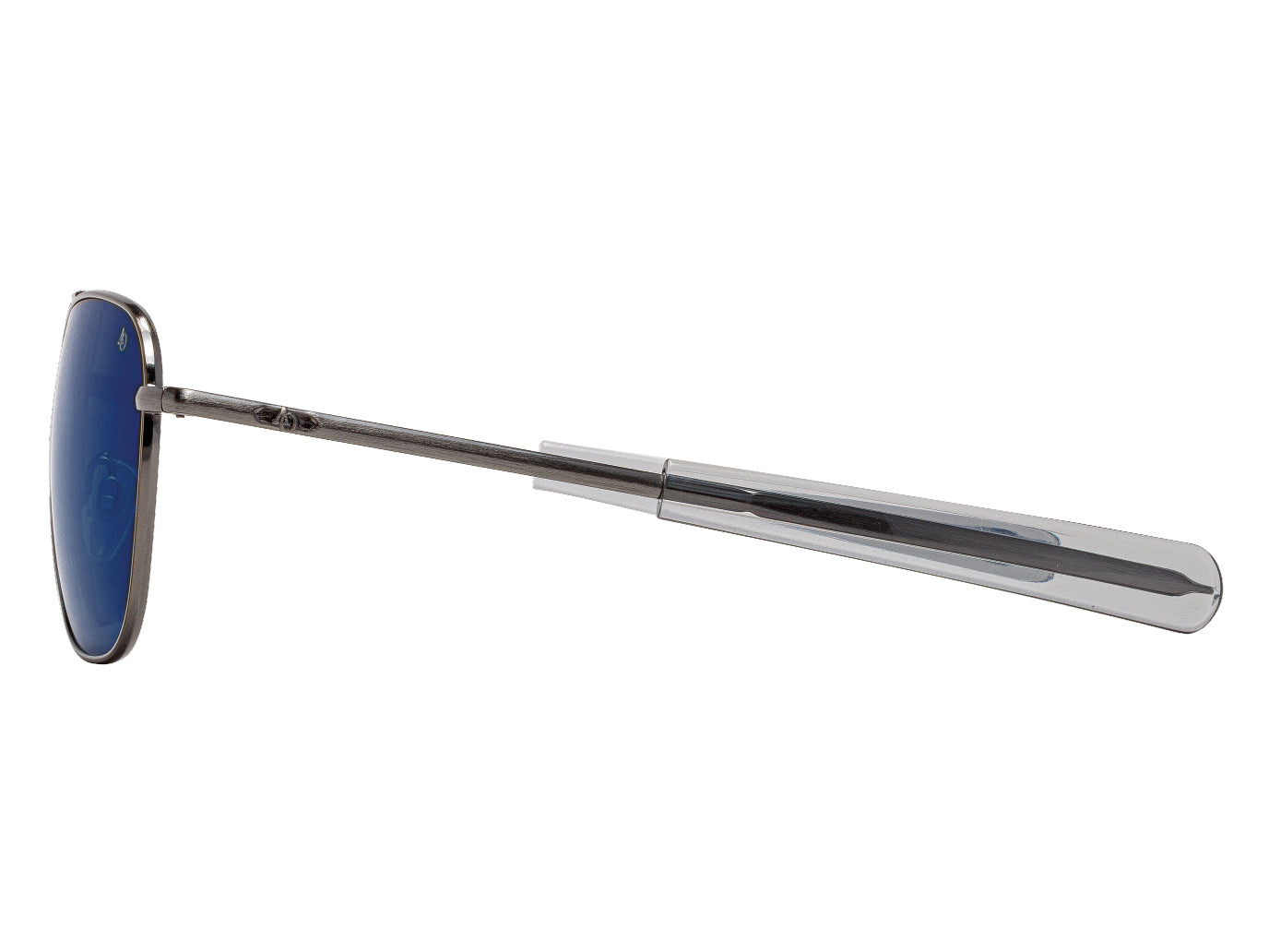 Side view of antique silver American Optical Original Pilot navigator sunglasses with non-polarised dark brown mirror glass lens