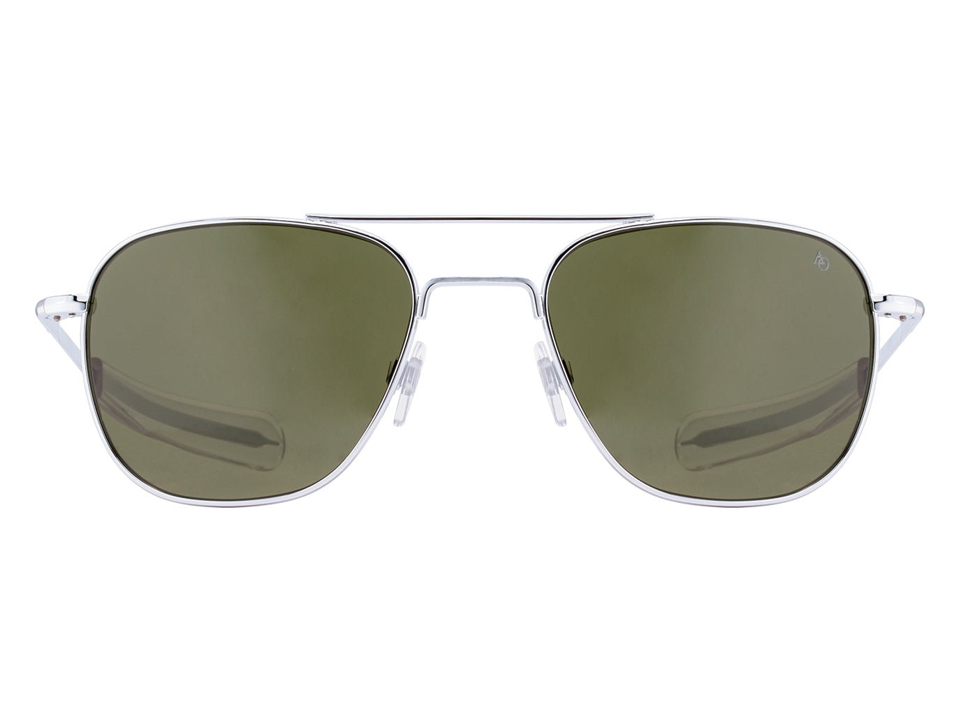 Front view of silver American Optical Original Pilot navigator sunglasses with non-polarised green glass lens