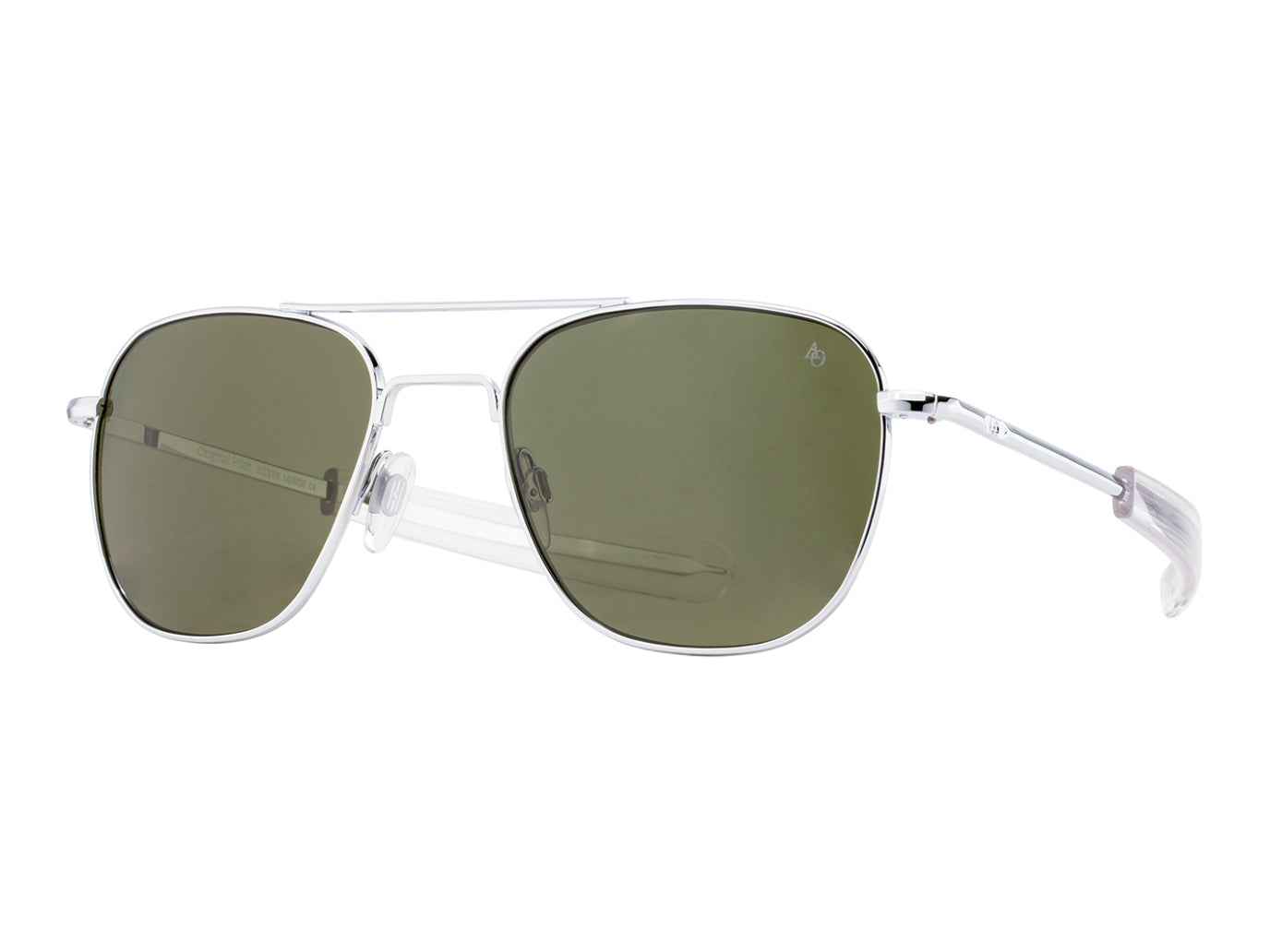 Front angle view of silver American Optical Original Pilot navigator sunglasses with polarised green glass lens