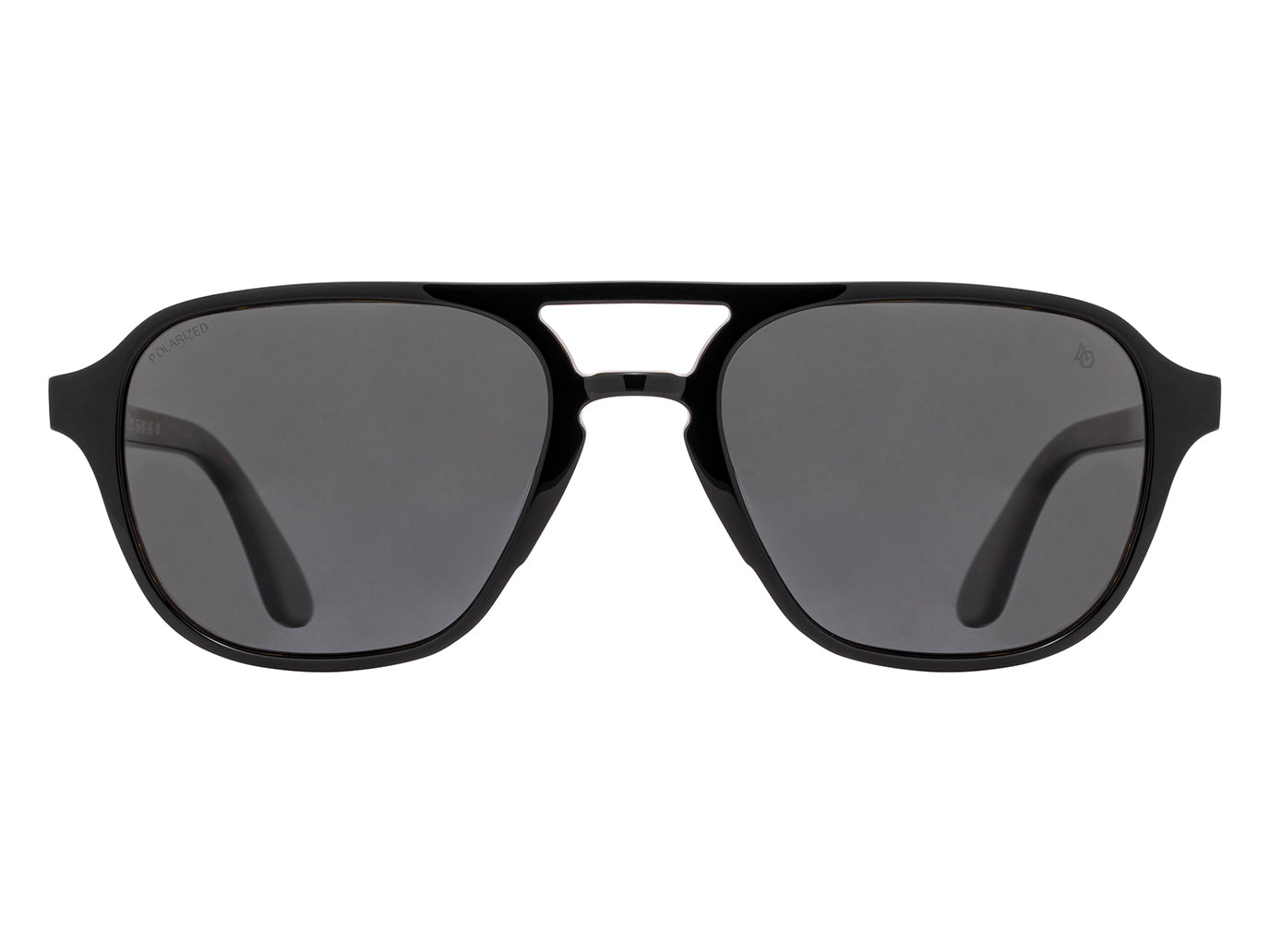 Front view of black tortoise American Optical Racer aviator sunglasses with non-polarised grey nylon lens