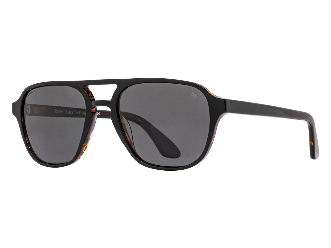 Front angle view of black tortoise American Optical Racer aviator sunglasses with polarised grey nylon lens