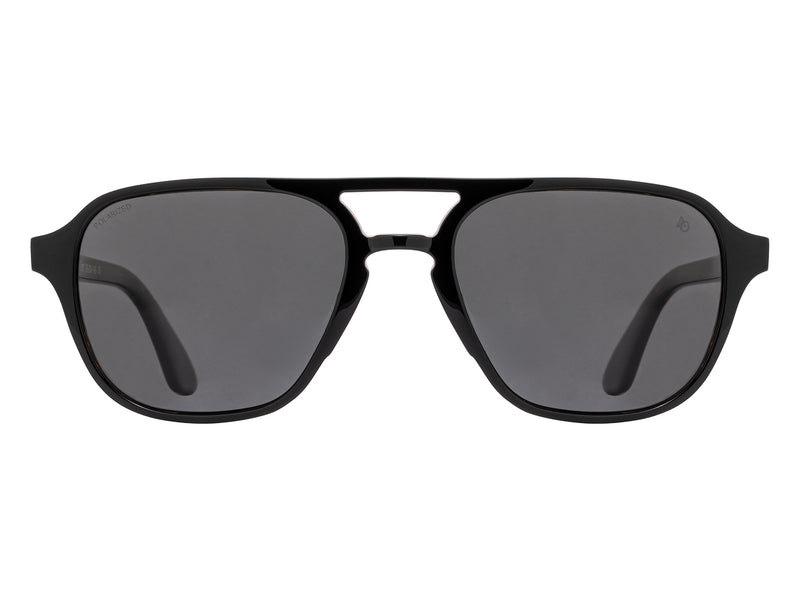 Front view of black tortoise American Optical Racer aviator sunglasses with polarised grey nylon lens