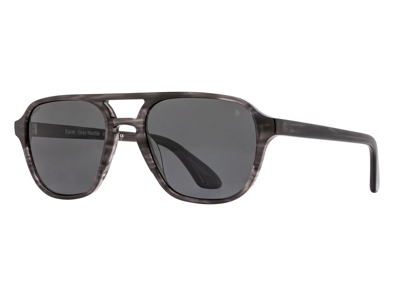 Front angle view of grey marble American Optical Racer aviator sunglasses with polarised grey nylon lens