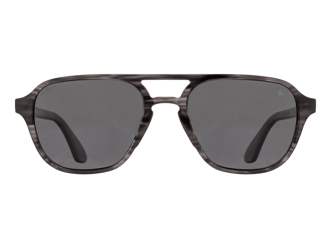 Front view of grey marble American Optical Racer aviator sunglasses with polarised grey nylon lens