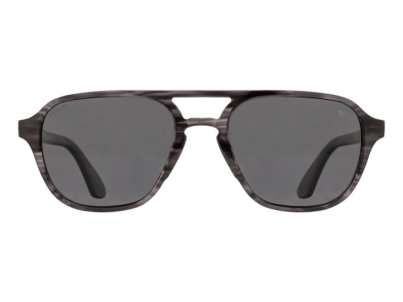 Front view of grey marble American Optical Racer aviator sunglasses with polarised grey nylon lens