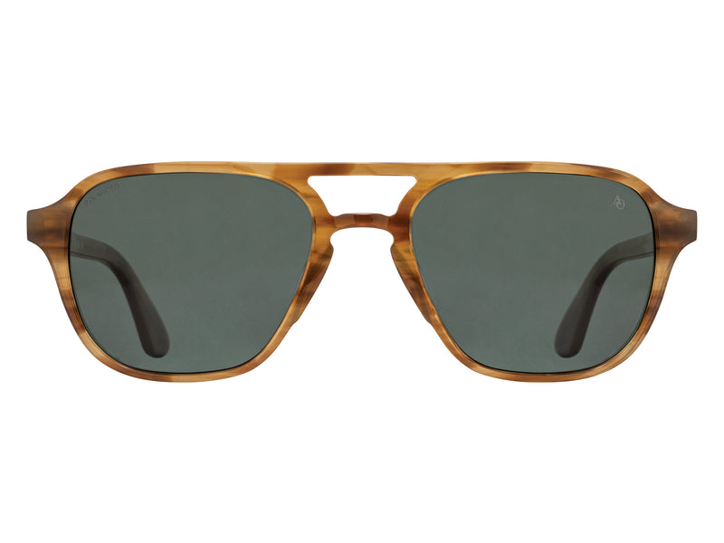 Front view of honey American Optical Racer aviator sunglasses with non-polarised green nylon lens