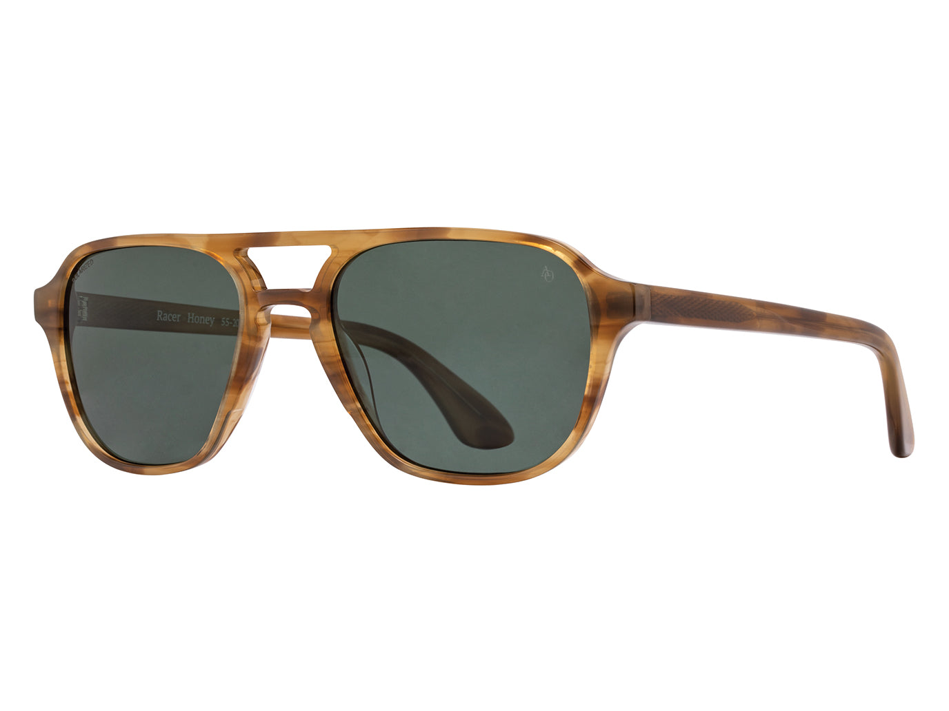 Front angle view of honey American Optical Racer aviator sunglasses with polarised green nylon lens