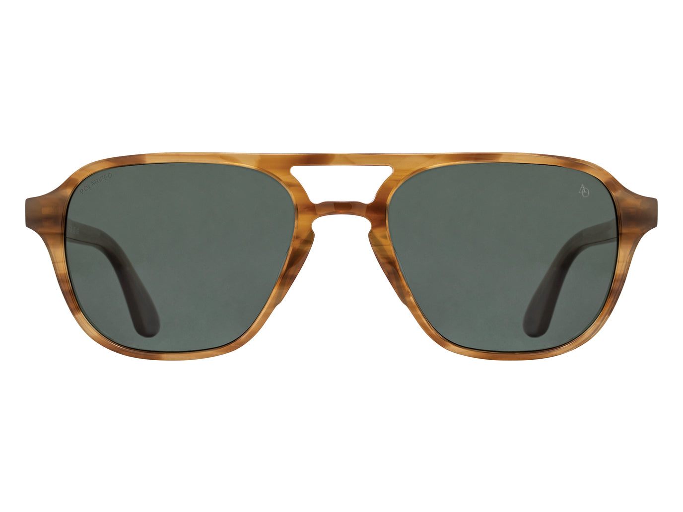 Front view of honey American Optical Racer aviator sunglasses with polarised green nylon lens