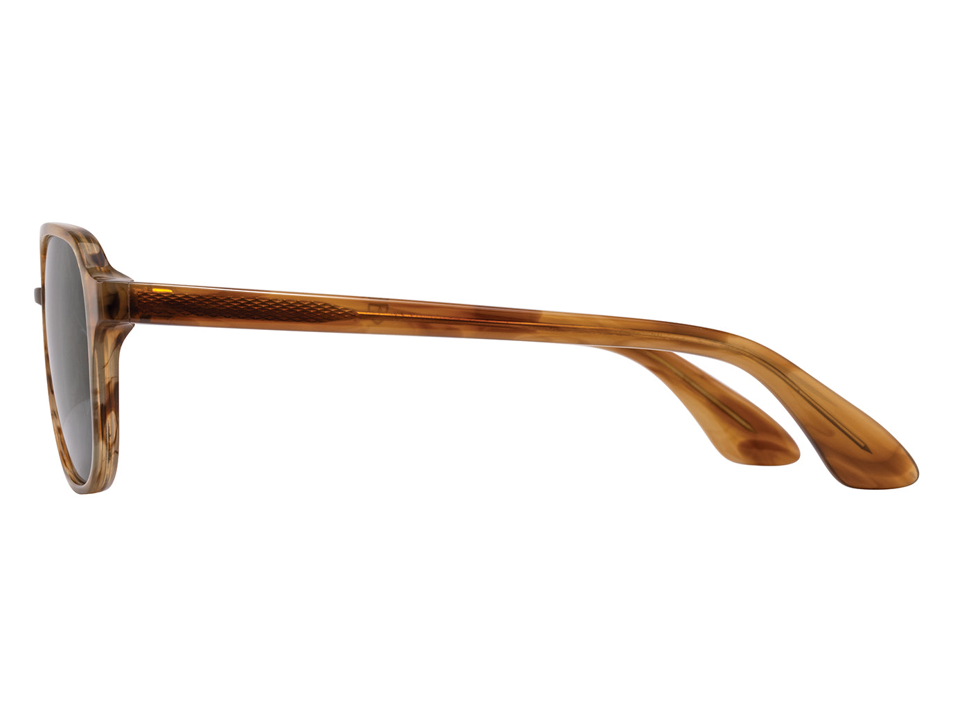 Side view of honey American Optical Racer aviator sunglasses with polarised green nylon lens