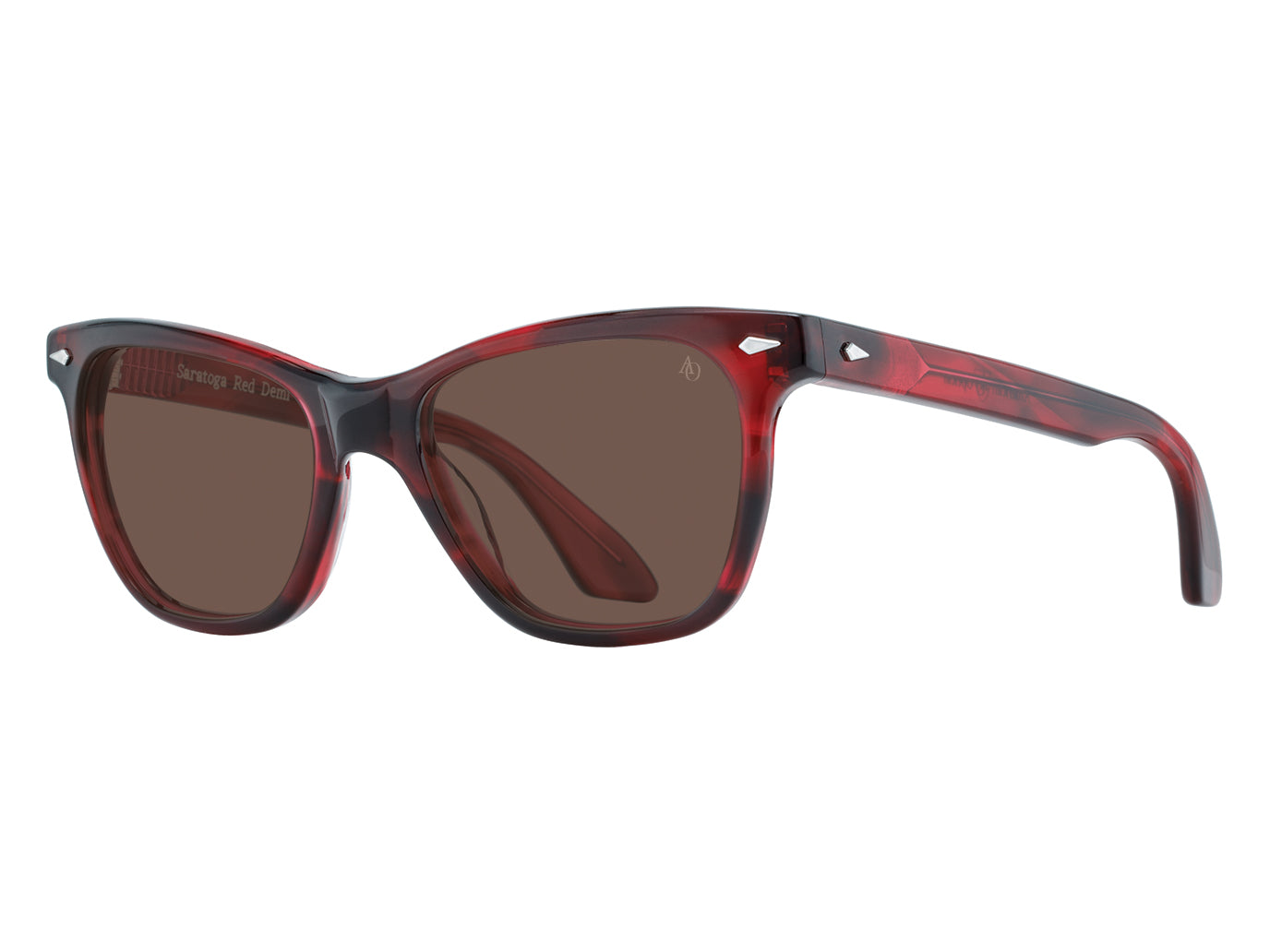 Front angle view of red demi American Optical Saratoga acetate sunglasses with polarised brown nylon lens
