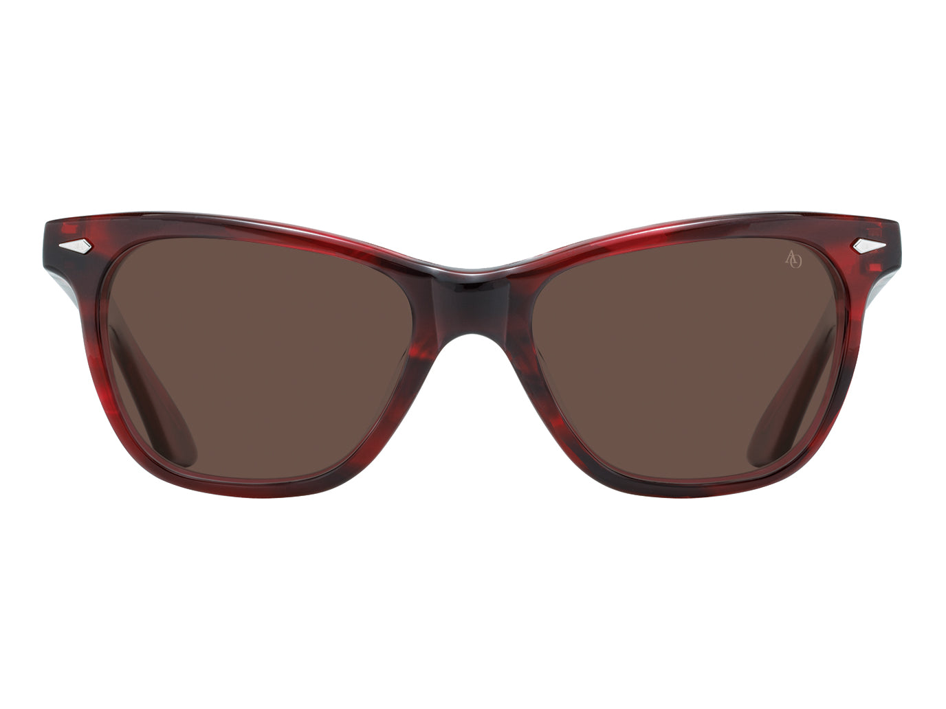 Front view of red demi American Optical Saratoga acetate sunglasses with polarised brown nylon lens