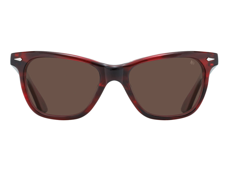 Front view of red demi American Optical Saratoga acetate sunglasses with polarised brown nylon lens