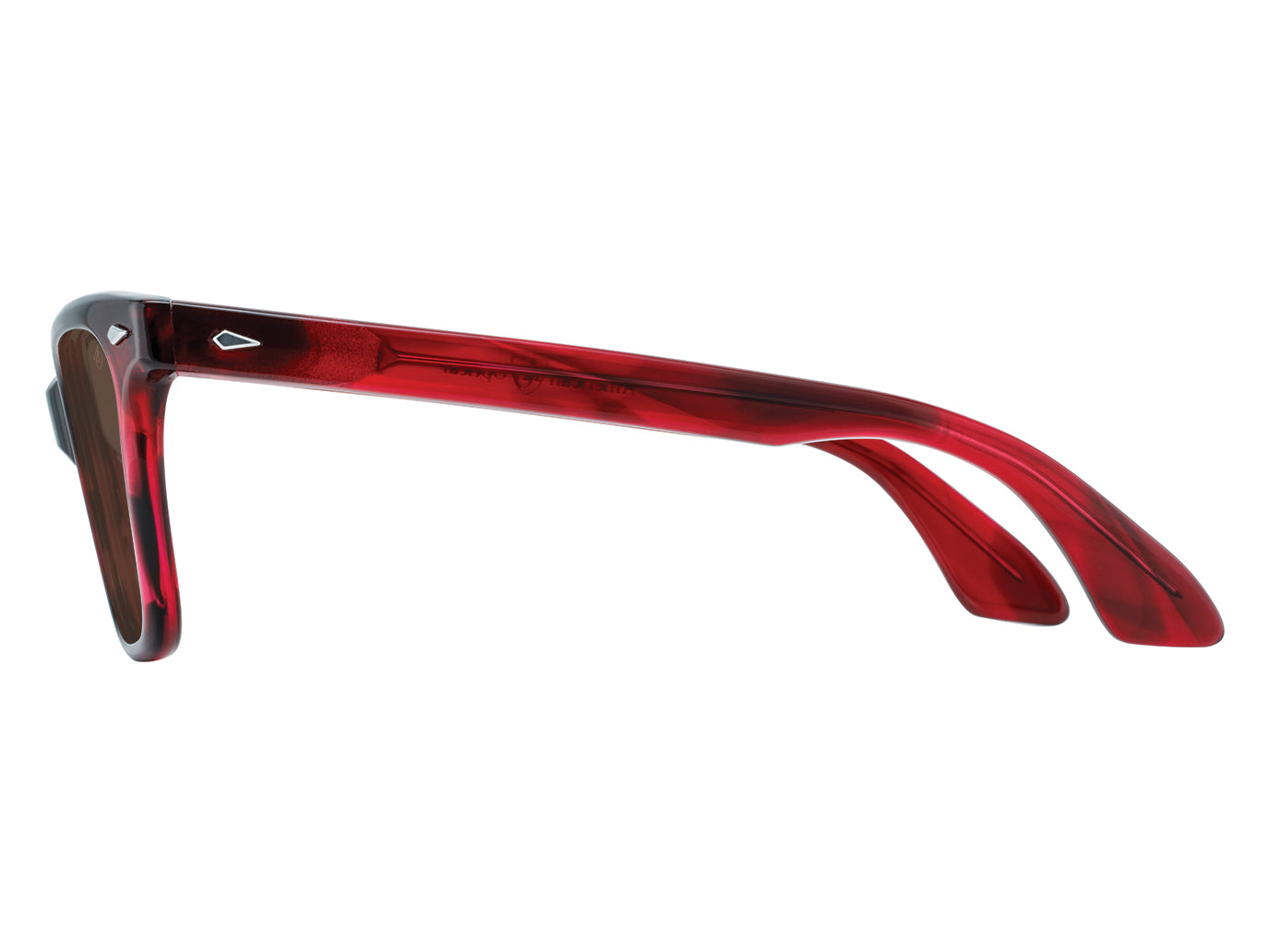 Side view of red demi American Optical Saratoga acetate sunglasses with polarised brown nylon lens