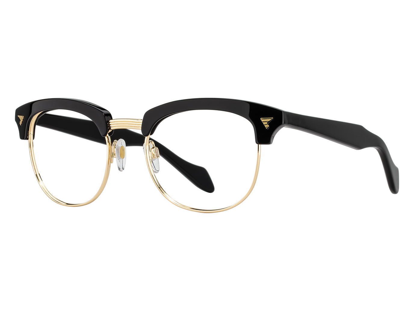 Front angle view of black and gold American Optical Sirmont frame only acetate and metal sunglasses