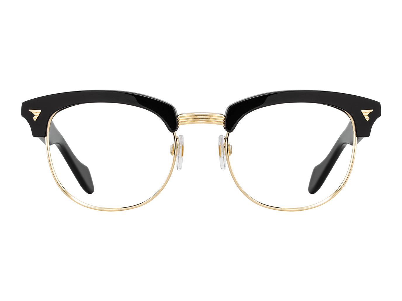 Front view of black and gold American Optical Sirmont frame only acetate and metal sunglasses