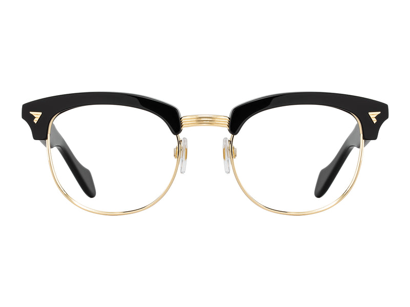 Front view of black and gold American Optical Sirmont frame only acetate and metal sunglasses