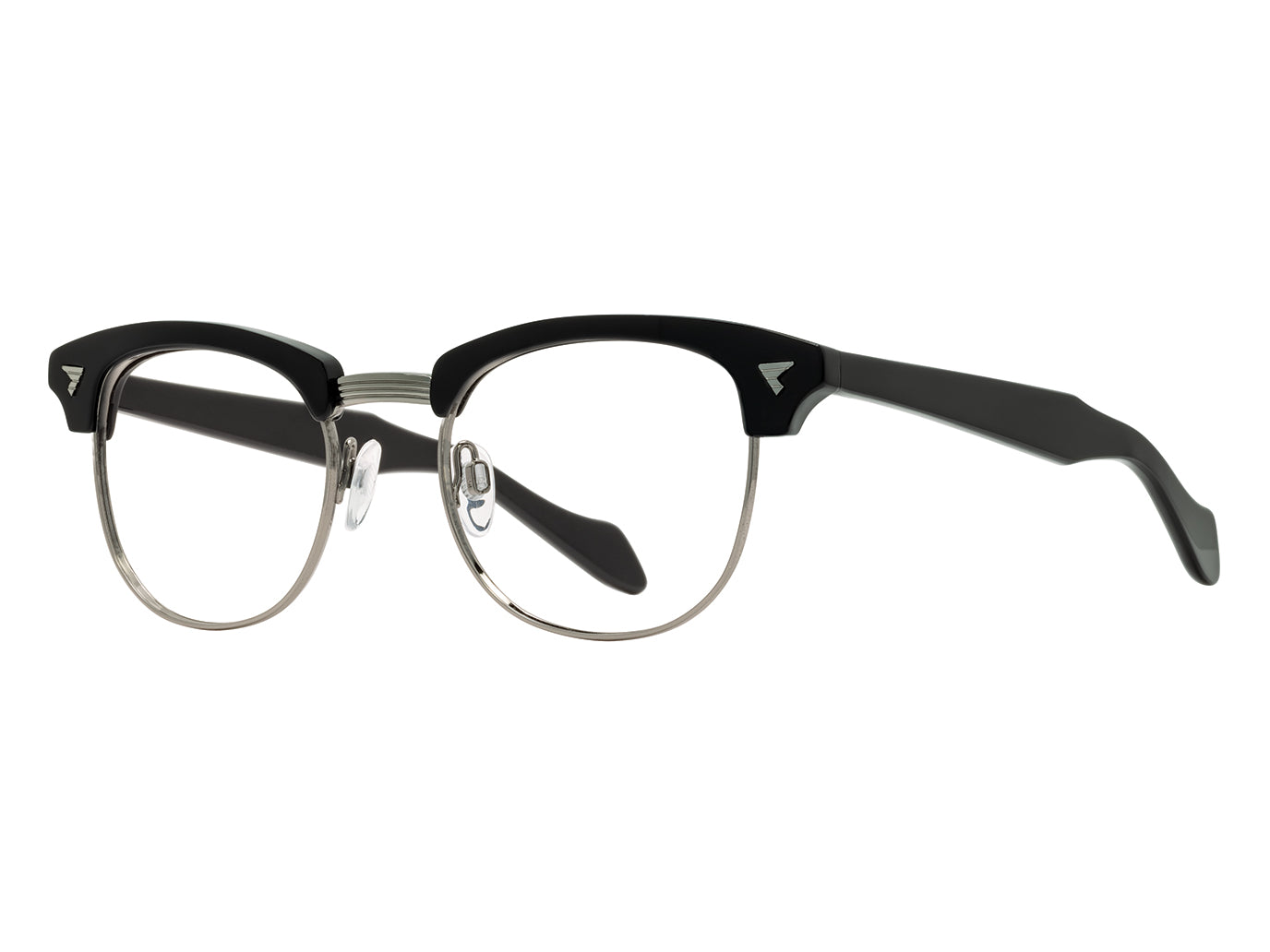 Front angle view of black and gunmetal American Optical Sirmont frame only acetate and metal sunglasses