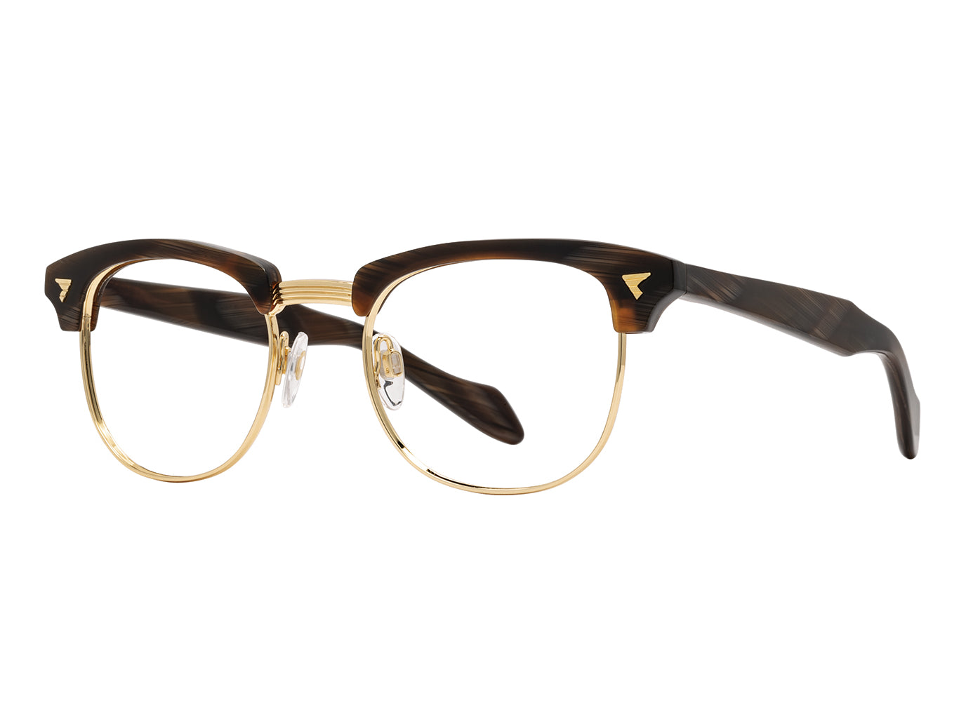 Front angle view of chocolate and gold American Optical Sirmont frame only acetate and metal sunglasses