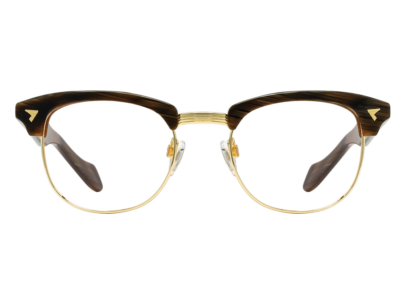 Front view of chocolate and gold American Optical Sirmont frame only acetate and metal sunglasses