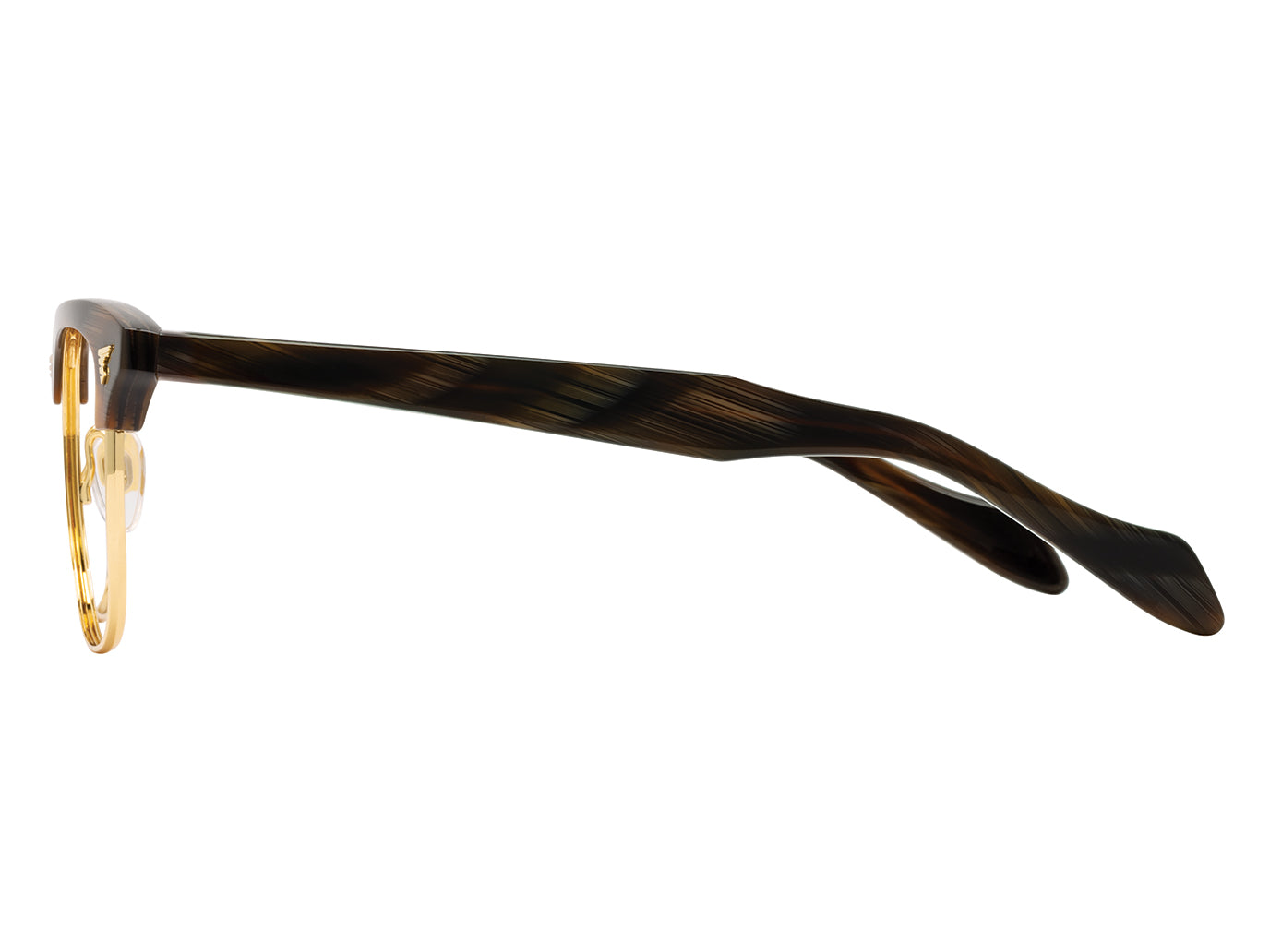 Side view of chocolate and gold American Optical Sirmont frame only acetate and metal sunglasses