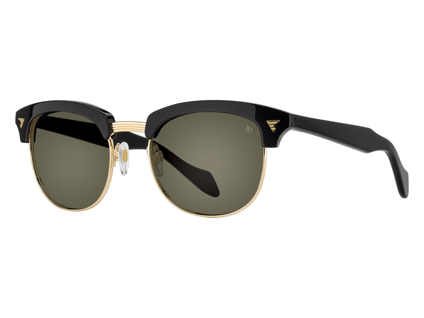 Front angle view of black and gold American Optical Sirmont metal sunglasses with non-polarised green nylon lens