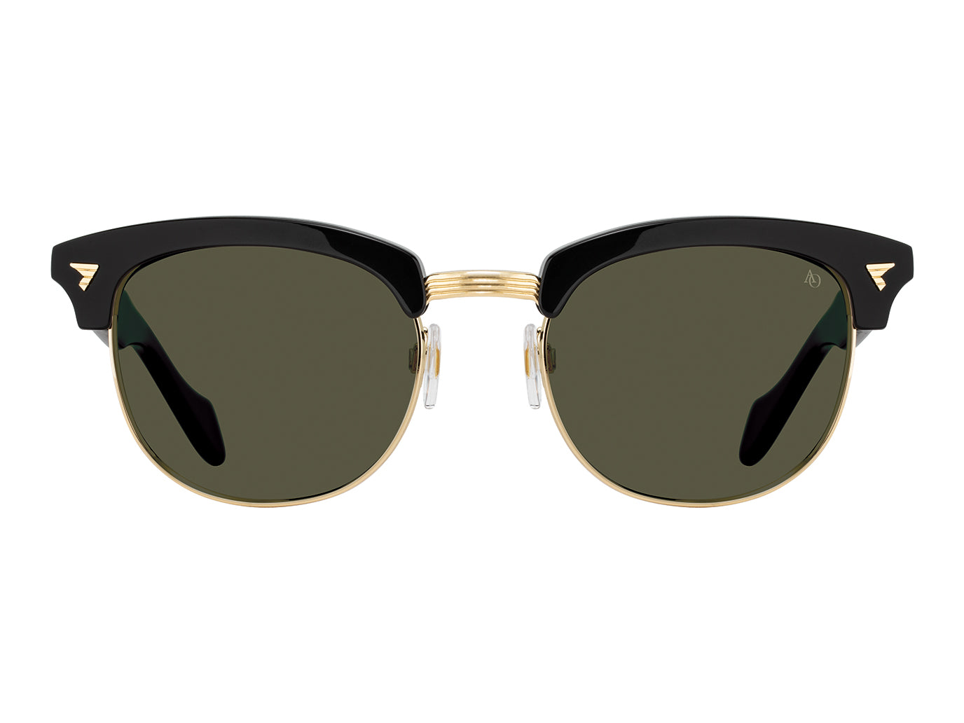 Front view of black and gold American Optical Sirmont metal sunglasses with non-polarised green nylon lens