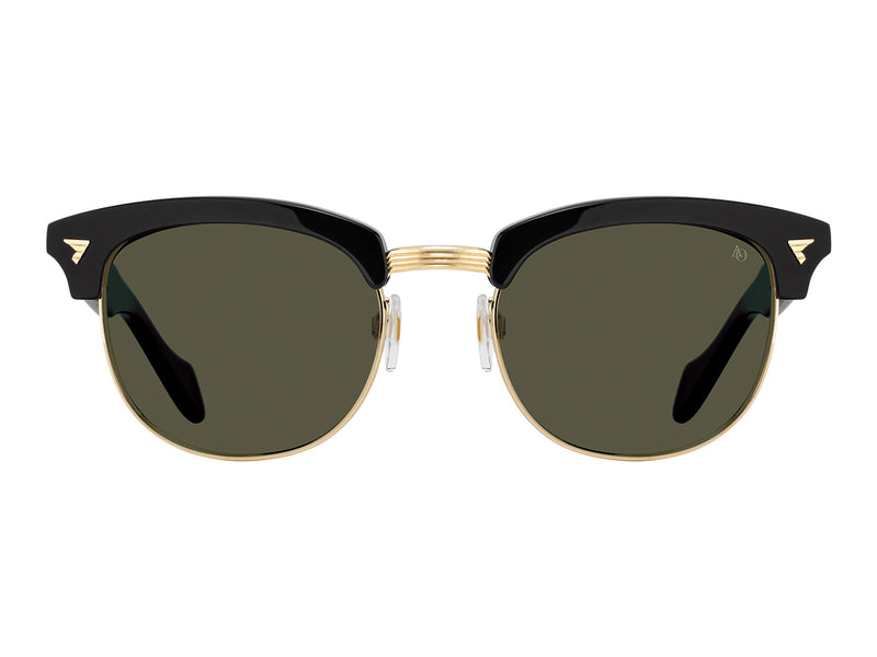 Front view of black and gold American Optical Sirmont metal sunglasses with non-polarised green nylon lens