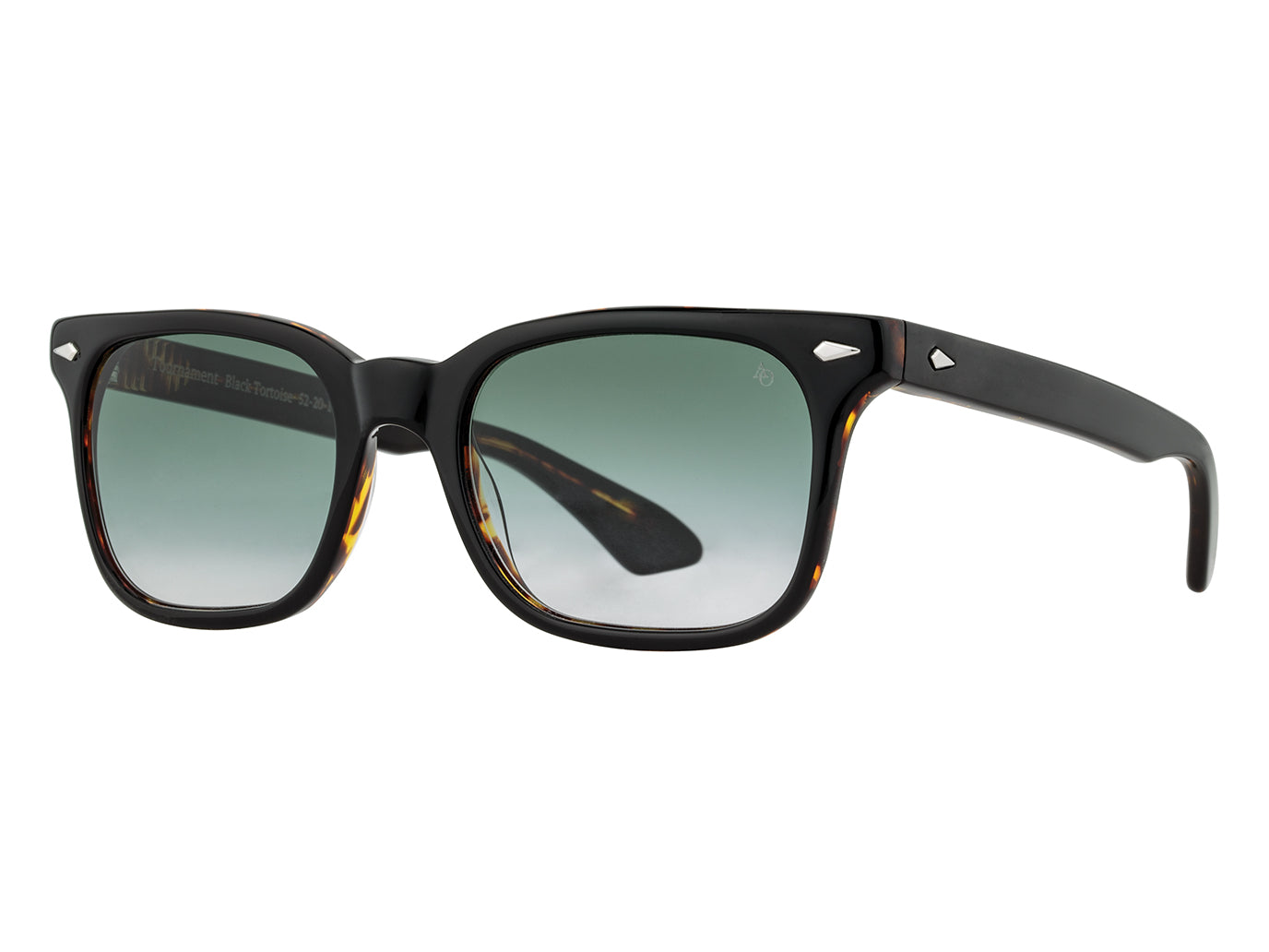 Front angle view of black tortoise American Optical Tournament acetate sunglasses with polarised green gradient nylon lens