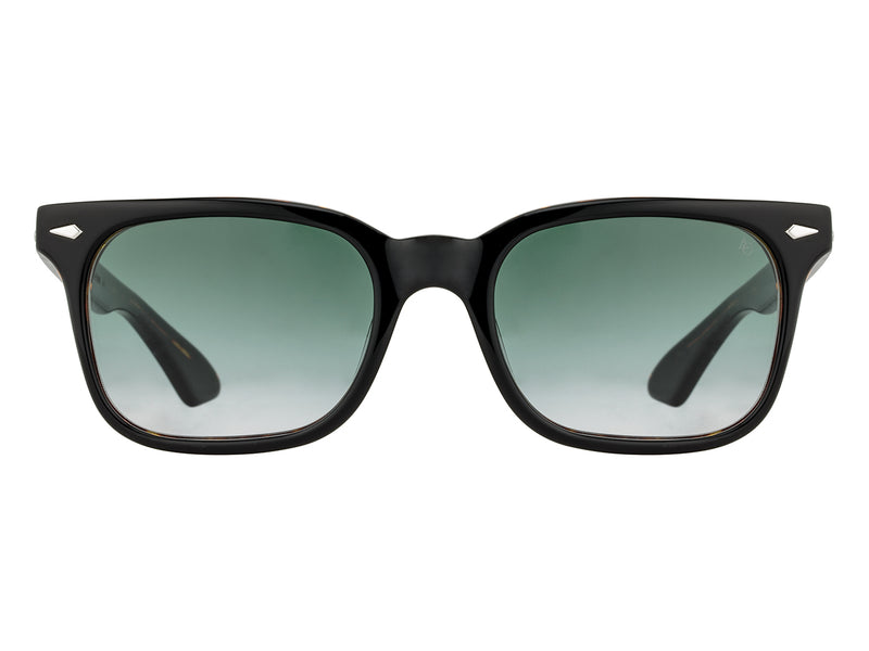 Front view of black tortoise American Optical Tournament acetate sunglasses with polarised green gradient nylon lens