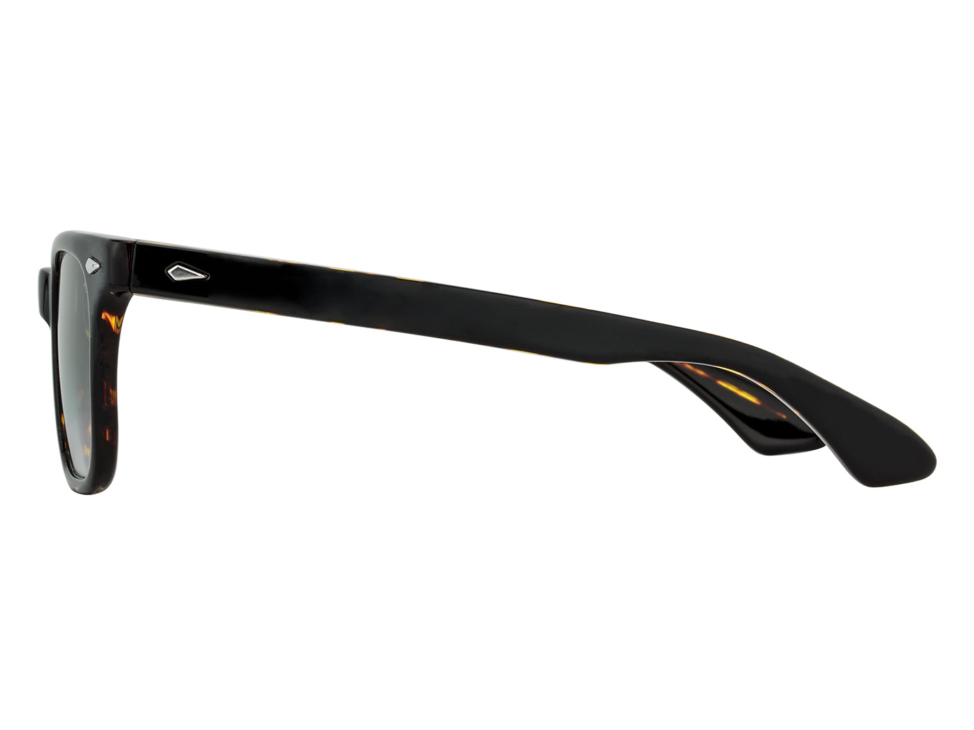 Side view of black tortoise American Optical Tournament acetate sunglasses with polarised green gradient nylon lens