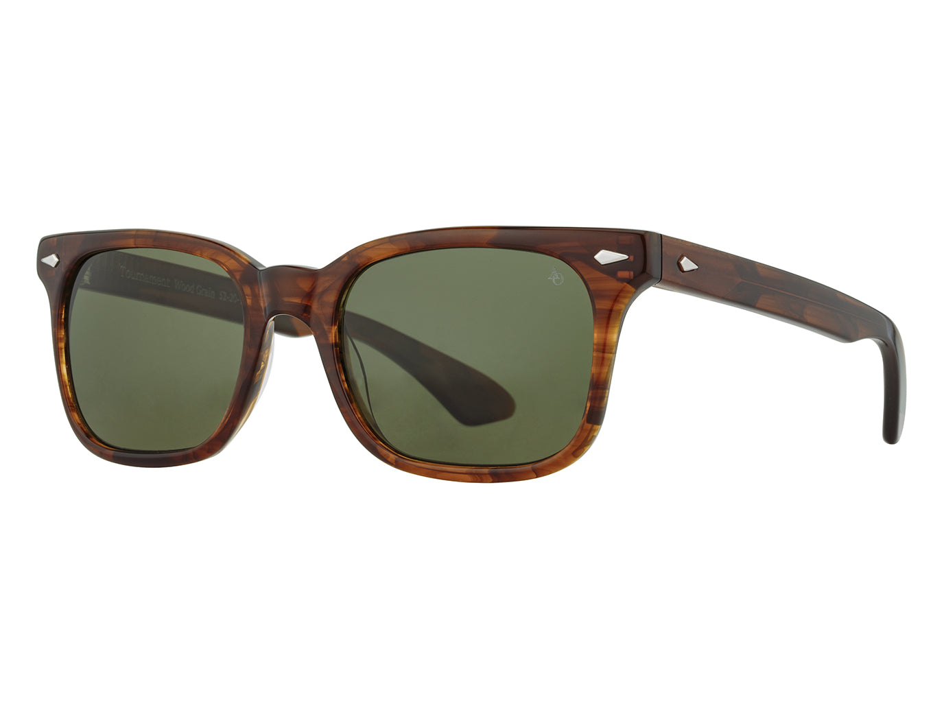 Front angle view of woodgrain American Optical Tournament acetate sunglasses with polarised green nylon lens