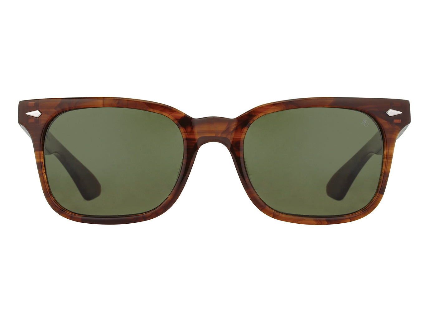 Front view of woodgrain American Optical Tournament acetate sunglasses with polarised green nylon lens