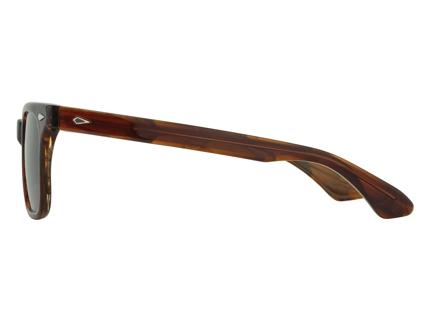 Side view of woodgrain American Optical Tournament acetate sunglasses with polarised green nylon lens