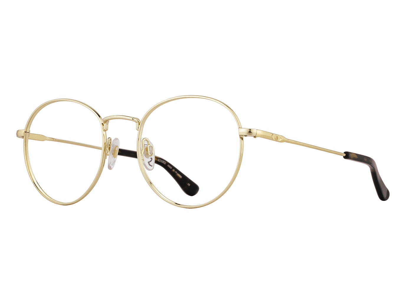 Front angle view of gold American Optical AO-1002 frame only round sunglasses