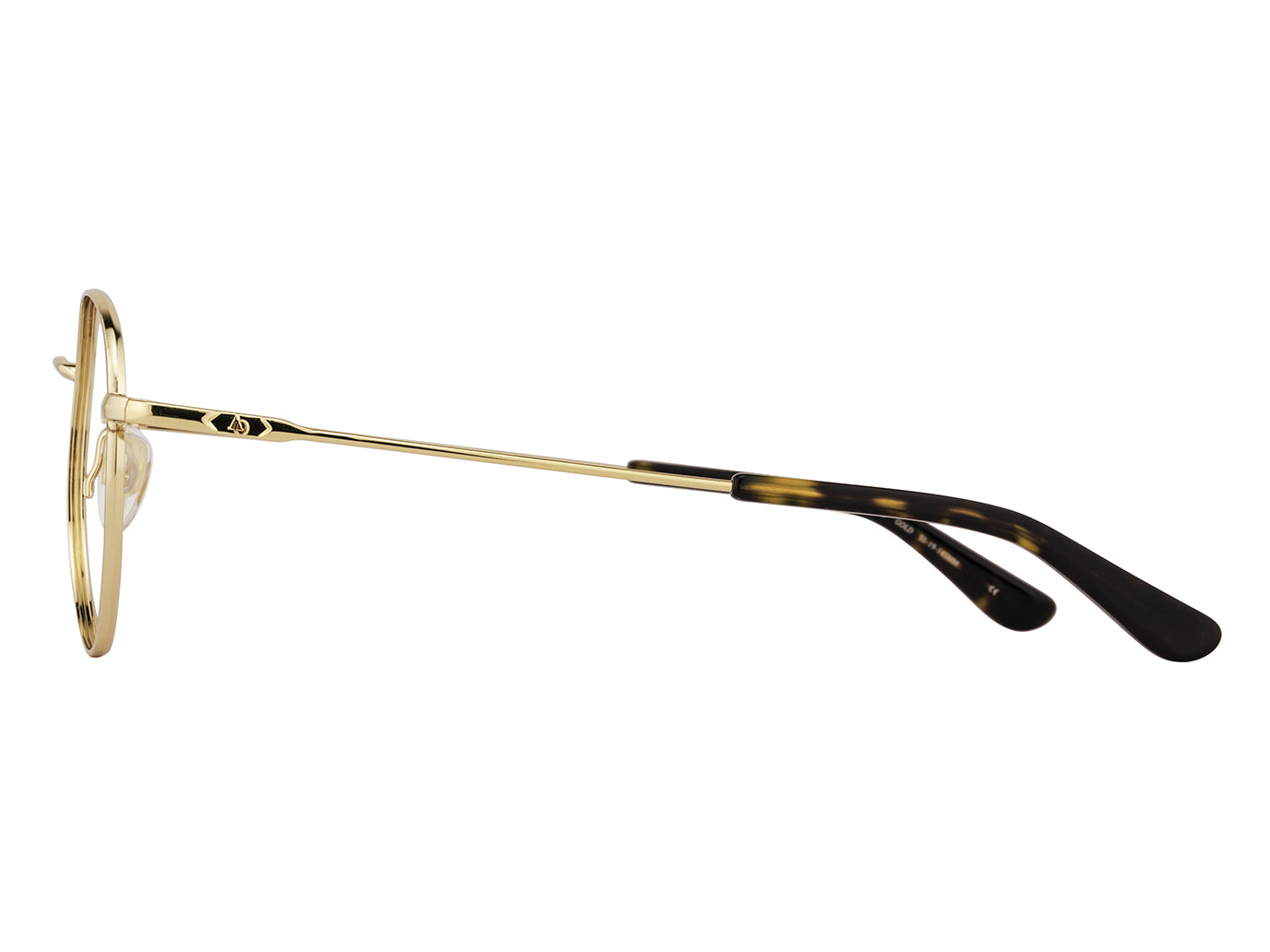 Side view of gold American Optical AO-1002 frame only round sunglasses