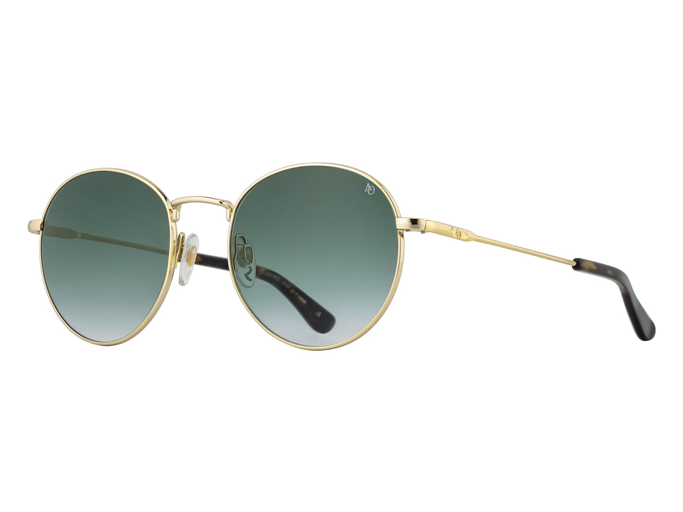 Front angle view of gold American Optical AO-1002 round sunglasses with non-polarised green gradient nylon lens