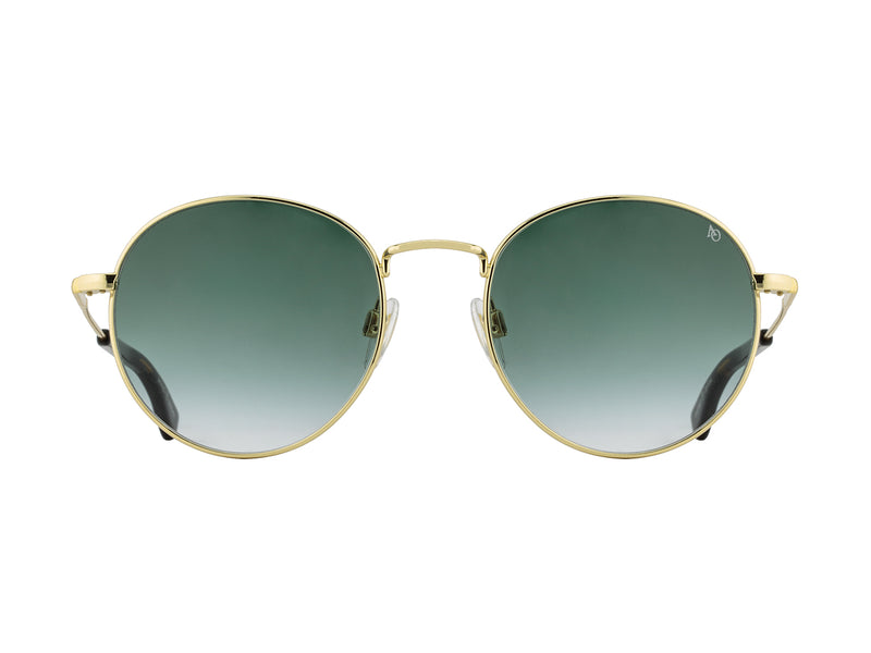 Front view of gold American Optical AO-1002 round sunglasses with non-polarised green gradient nylon lens