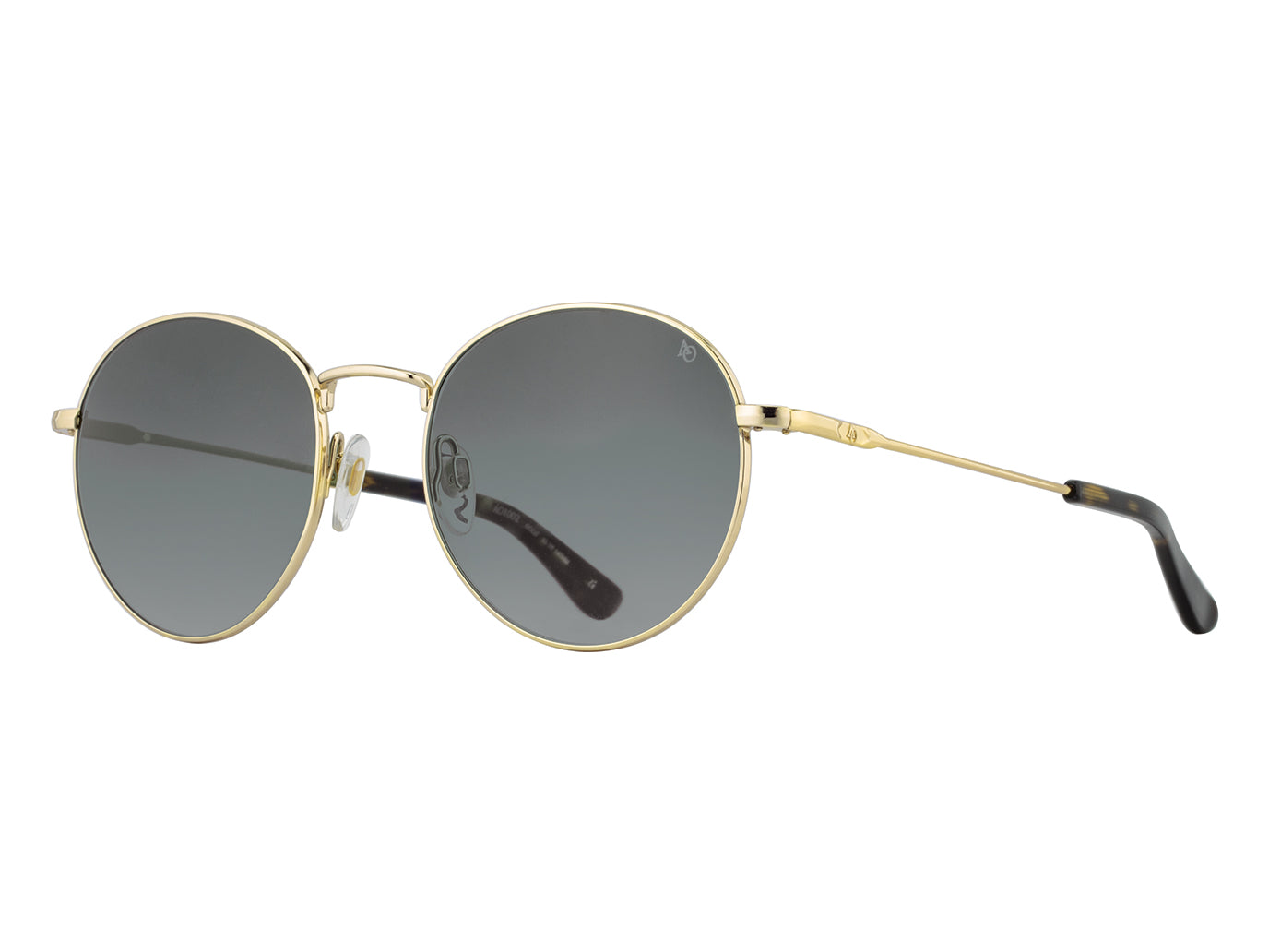 Front angle view of gold American Optical AO-1002 round sunglasses with non-polarised grey nylon lens