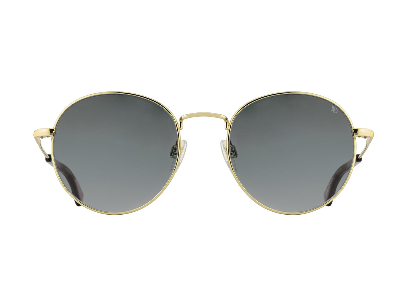 Front view of gold American Optical AO-1002 round sunglasses with non-polarised grey nylon lens