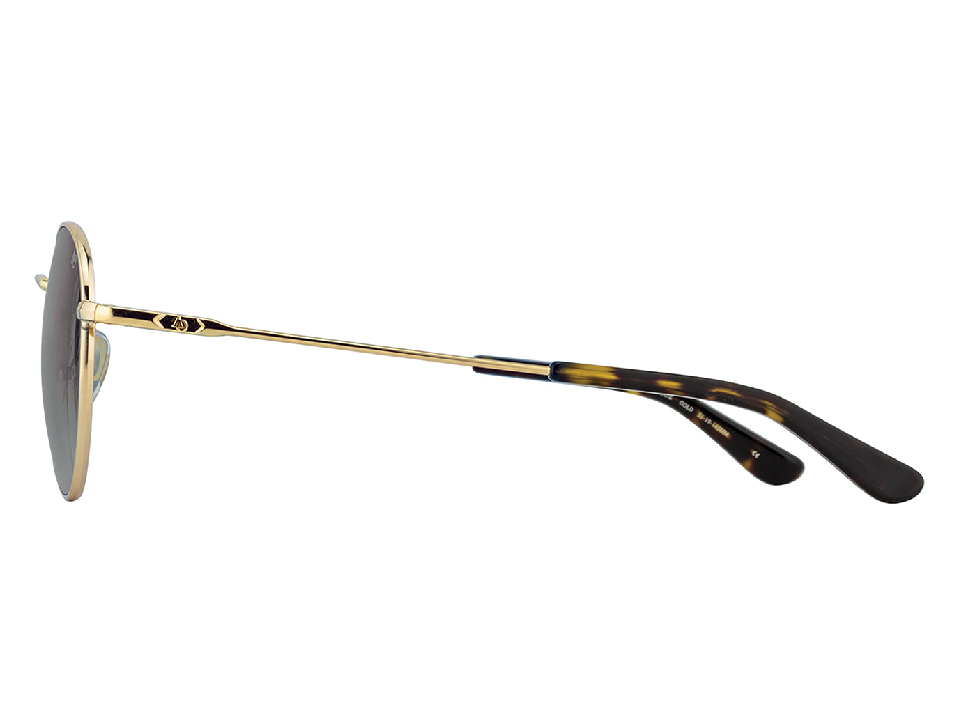 Side view of gold American Optical AO-1002 round sunglasses with polarised grey nylon lens