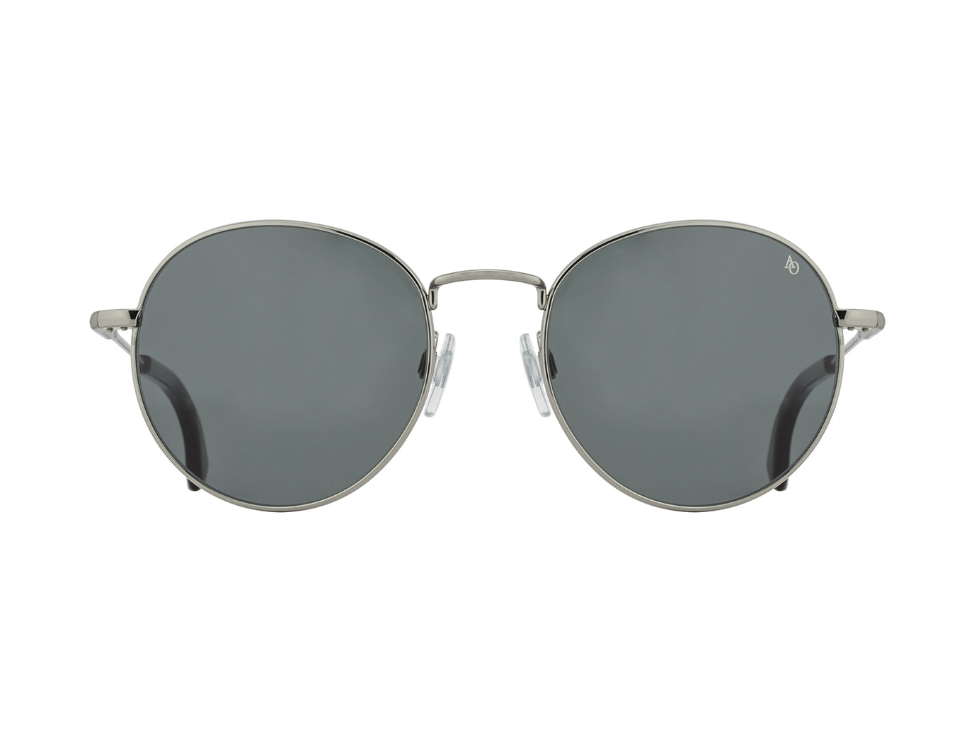 Front view of gunmetal American Optical AO-1002 round sunglasses with non-polarised grey nylon lens