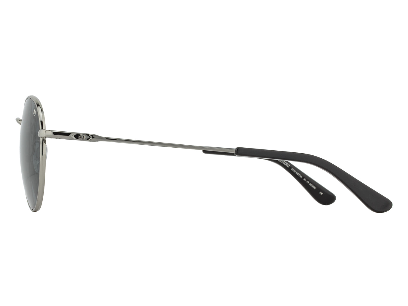 Side view of gunmetal American Optical AO-1002 round sunglasses with polarised grey nylon lens