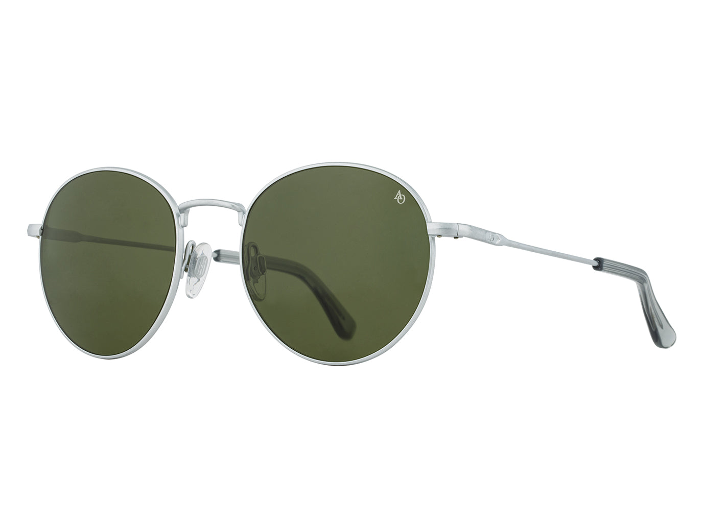 Front angle view of matte silver American Optical AO-1002 round sunglasses with non-polarised green nylon lens