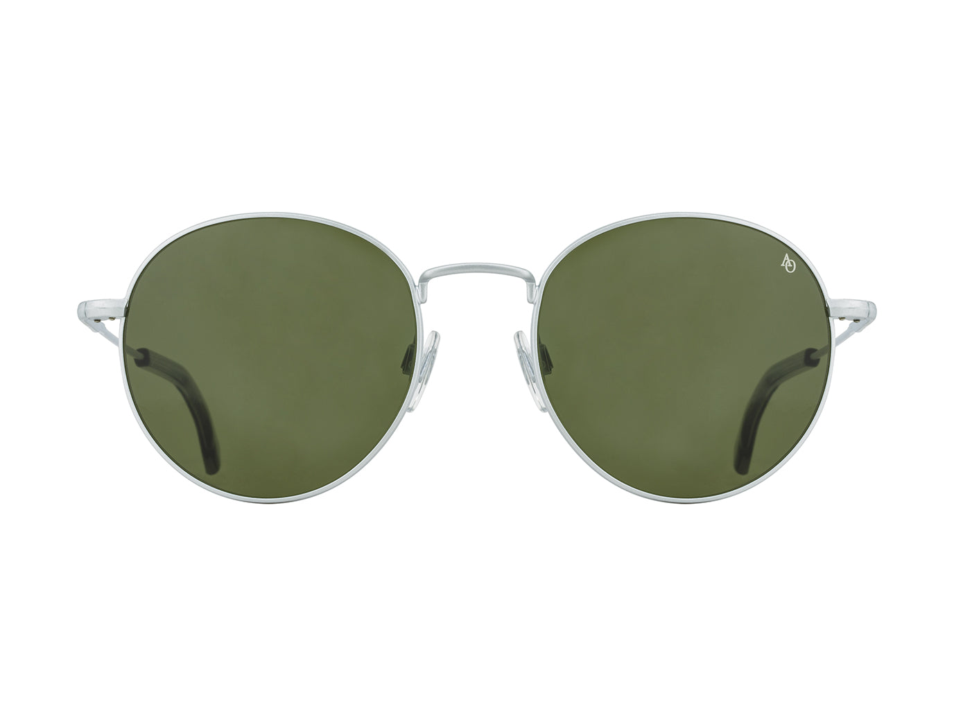 Front view of matte silver American Optical AO-1002 round sunglasses with non-polarised green nylon lens