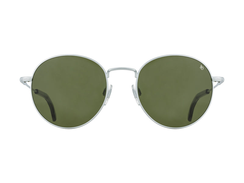 Front view of matte silver American Optical AO-1002 round sunglasses with polarised green nylon lens