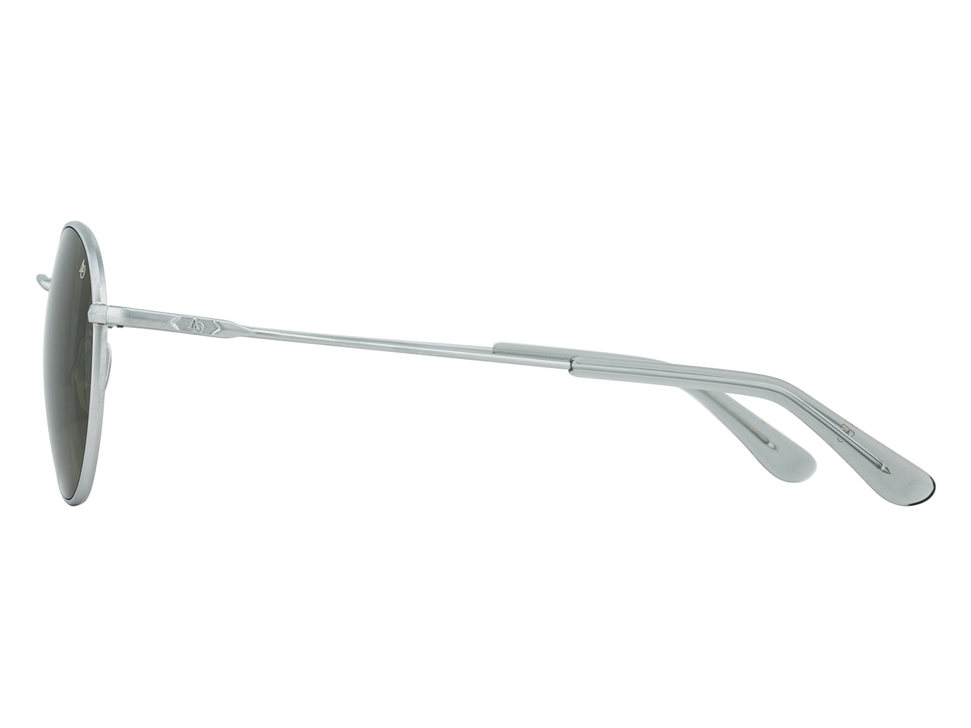 Side view of matte silver American Optical AO-1002 round sunglasses with polarised green nylon lens